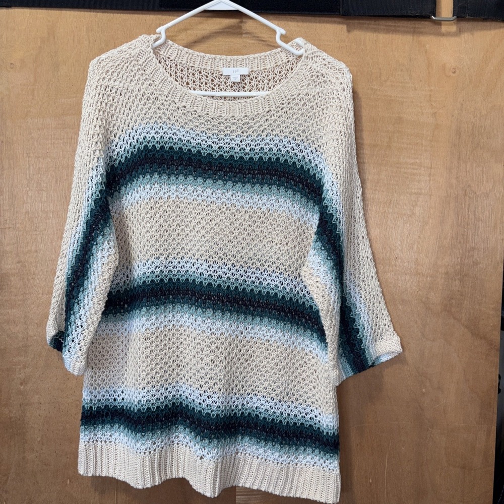 J.Jill Beachy Linen Cotton Striped Open Weave Knit Sweater 3/4 Sleeve M‎ Boho